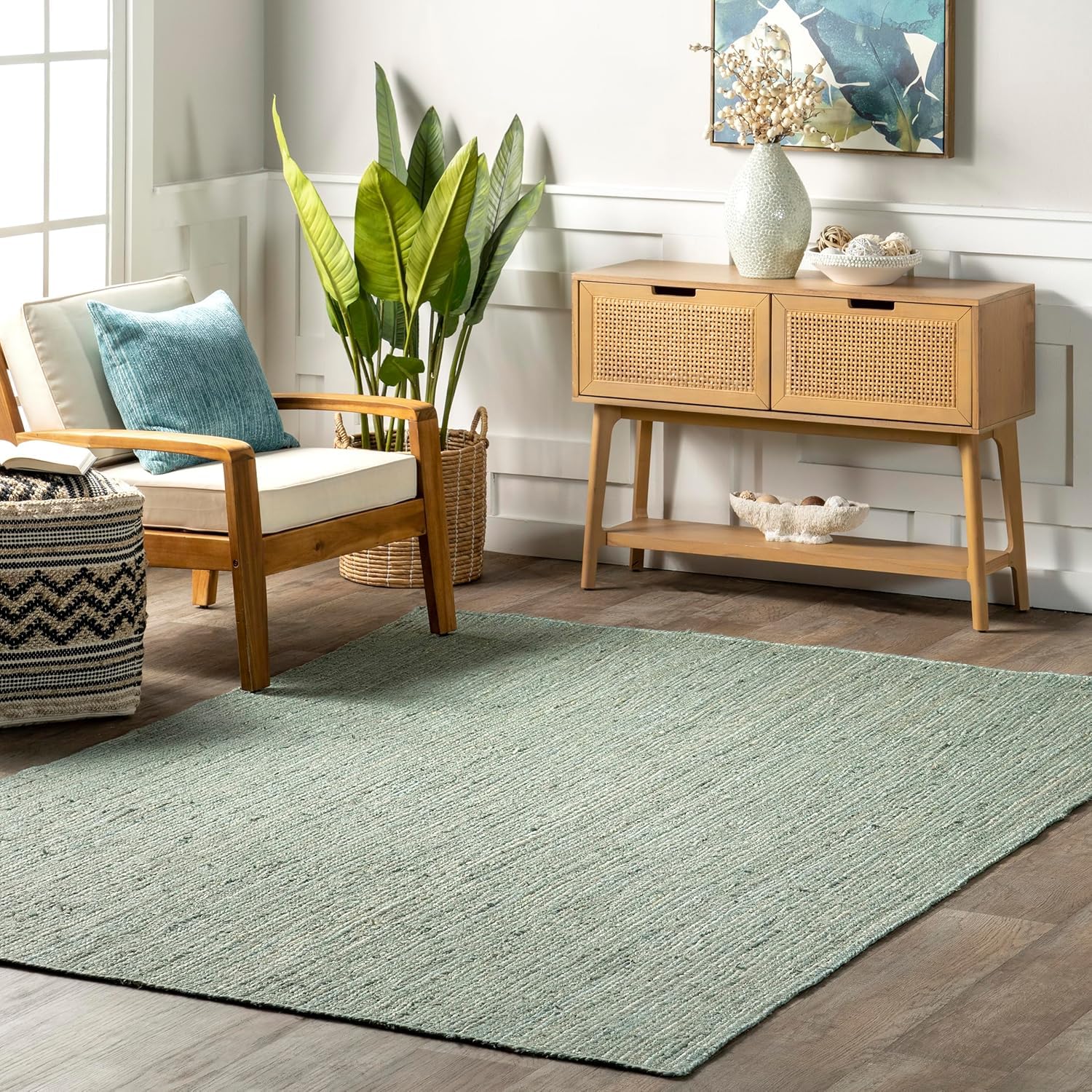 Dark Cyan Color Handmade Braided Jute Carpet