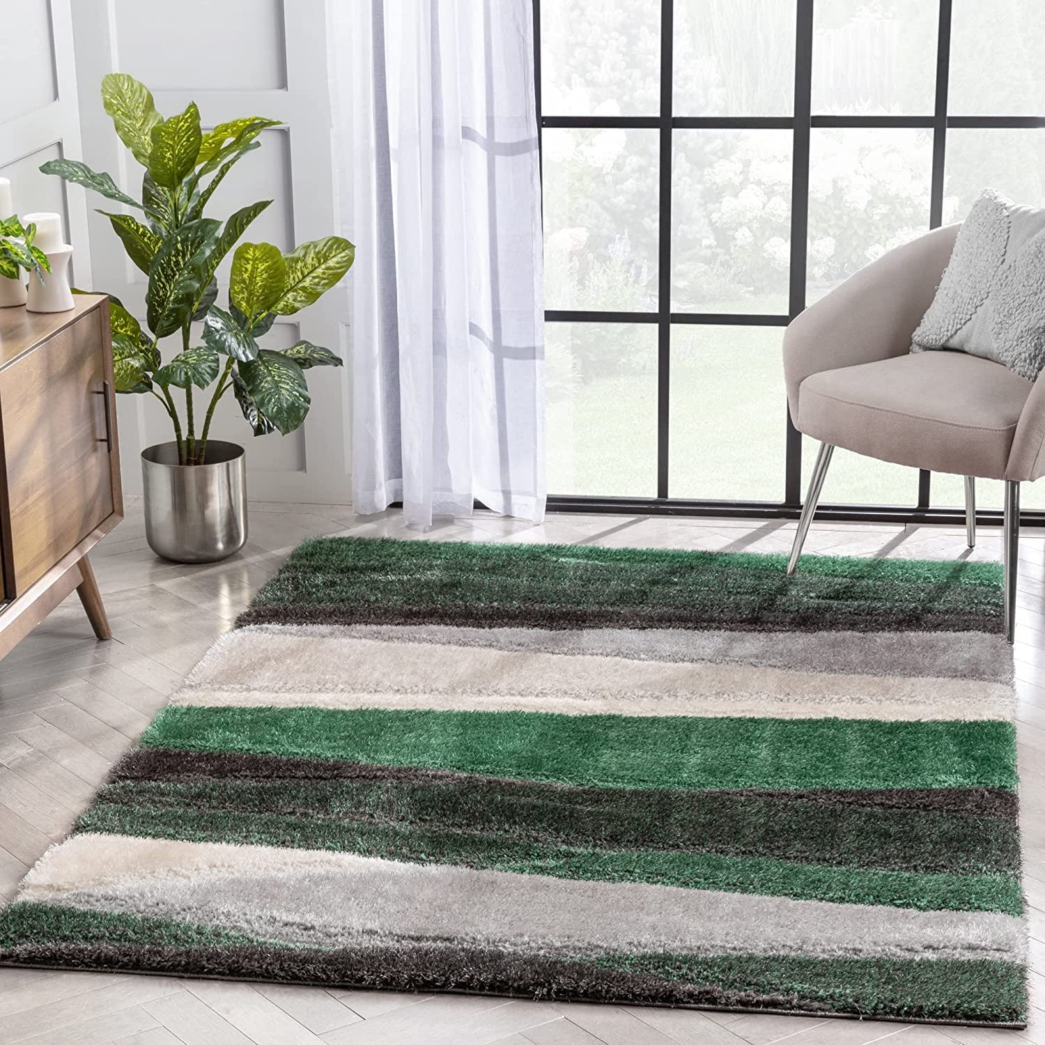 Green Irregular Stripes Carpet | Soft & Fluffy Microfiber Area Rug