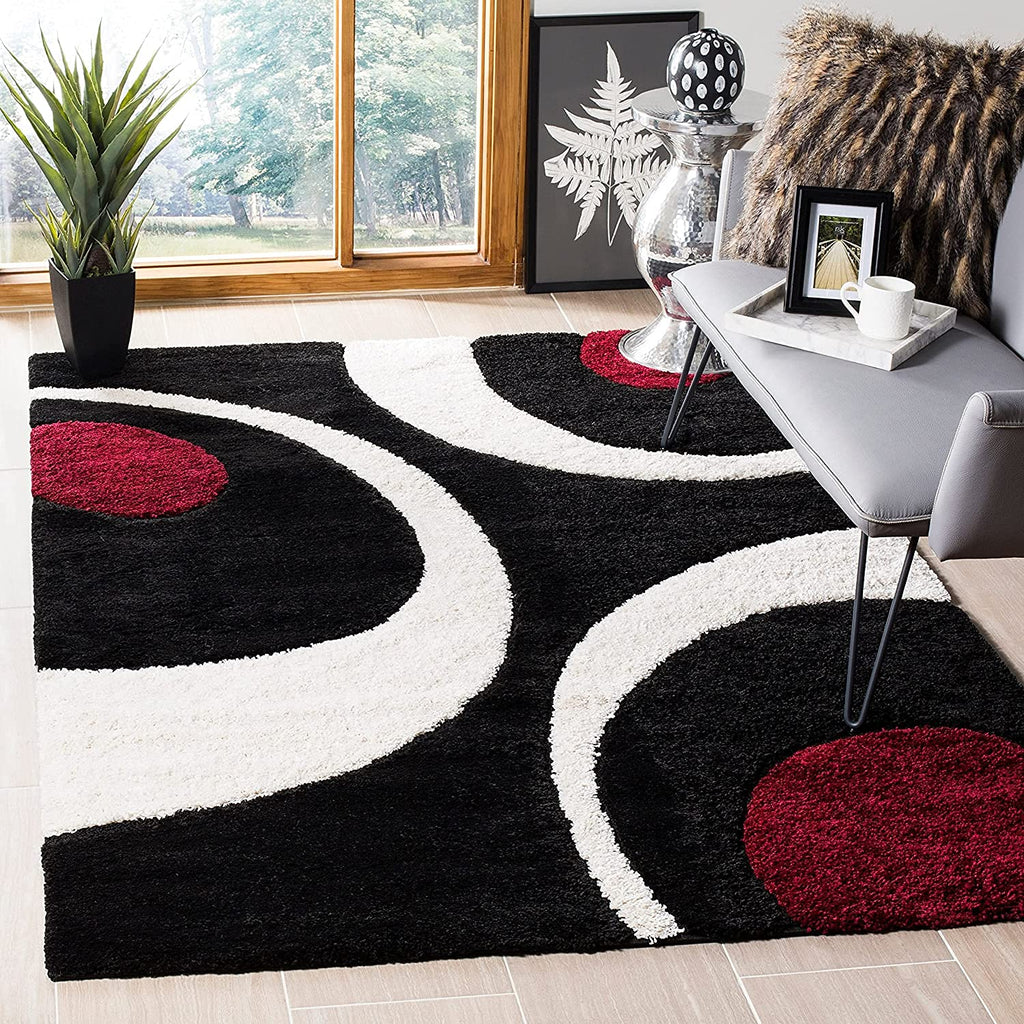Red & Black Shaggy Carpet | Luxurious Handmade Microfiber Area Rug
