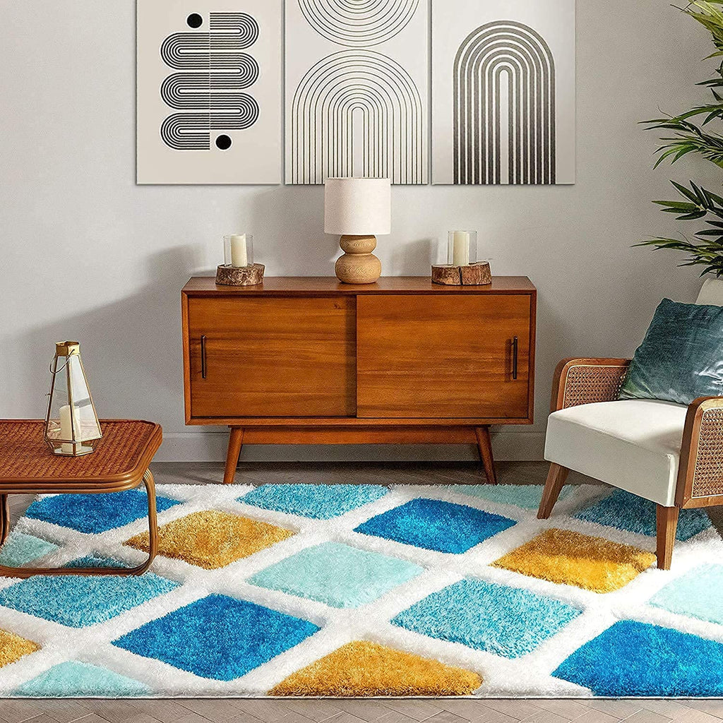 Sky Blue & Mustard Shaggy Carpet | Luxurious Handmade Microfiber Area Rug