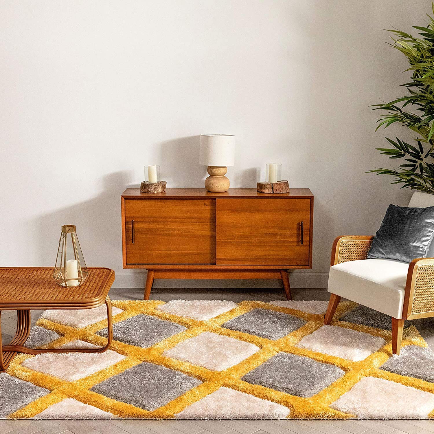 Yellow & Grey Shaggy Carpet | Luxurious Handmade Microfiber Area Rug