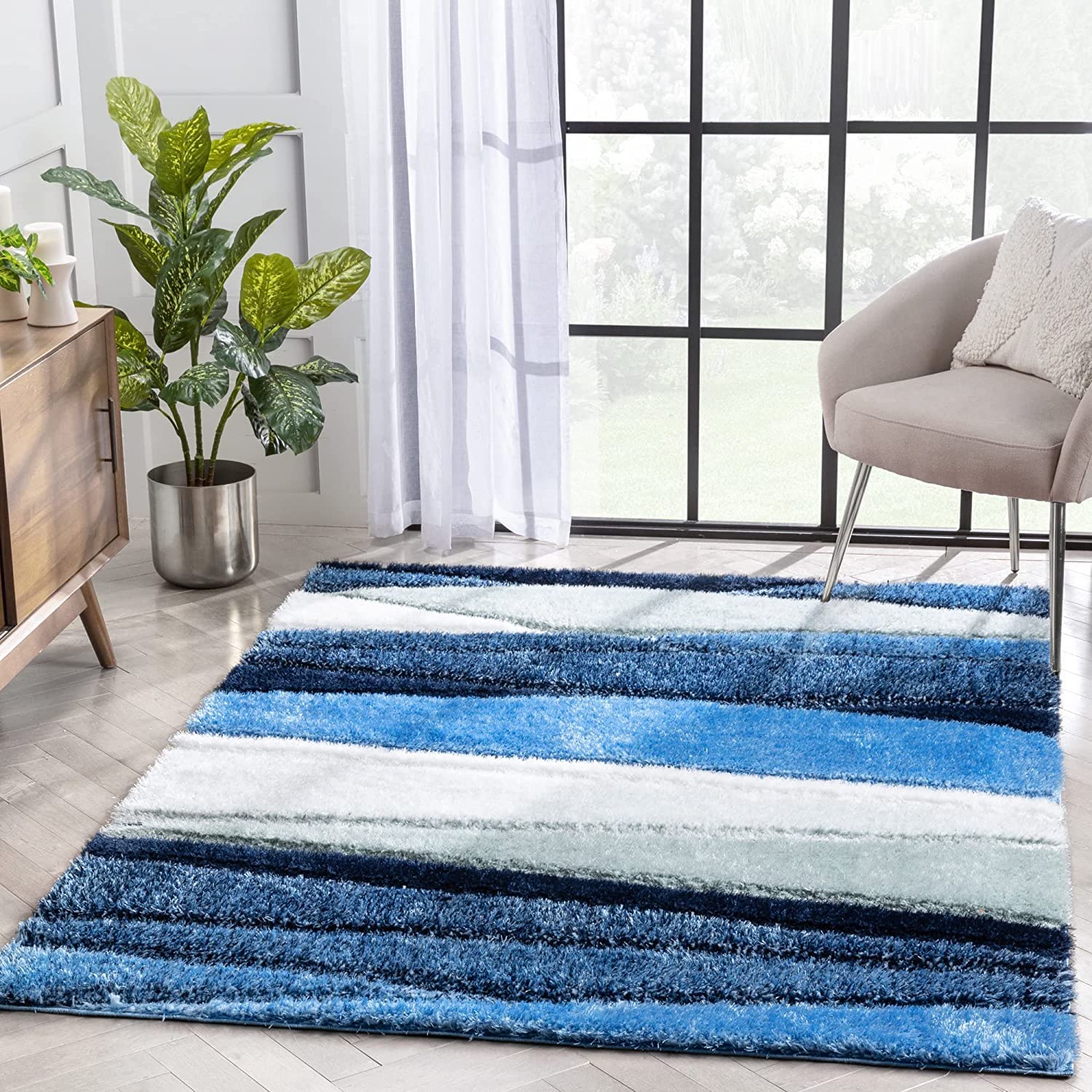 Blue Irregular Stripes Carpet | Soft & Fluffy Microfiber Area Rug
