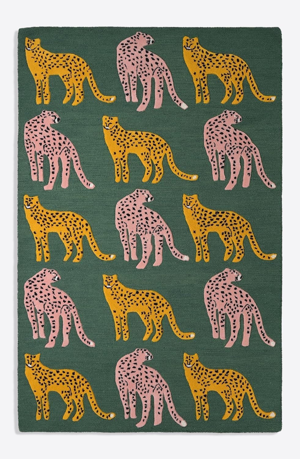 Handmade Wool Leopard Rug – Modern Green Area Rug with Pink & Yellow Cheetah Motifs