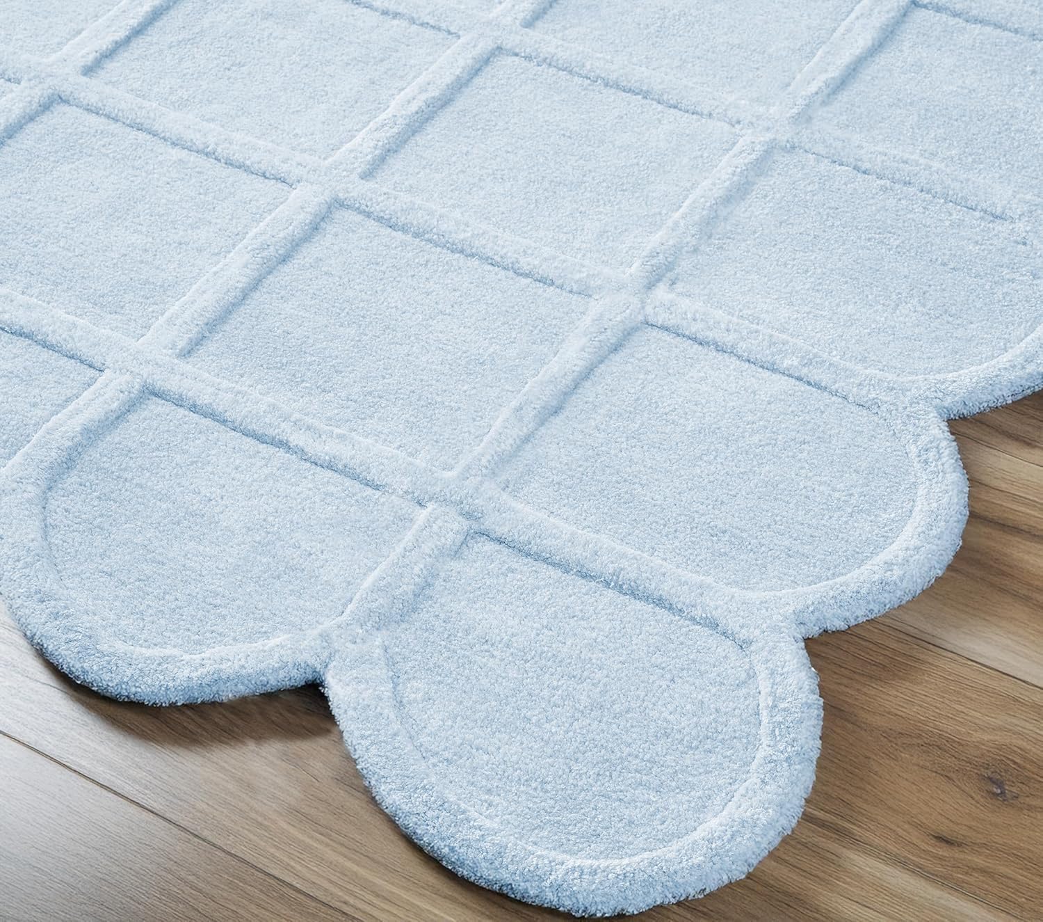 Lite Blue Modern Scalloped Edge Carpet, Hand-Tufted Area Rug for Living Room & Bedroom
