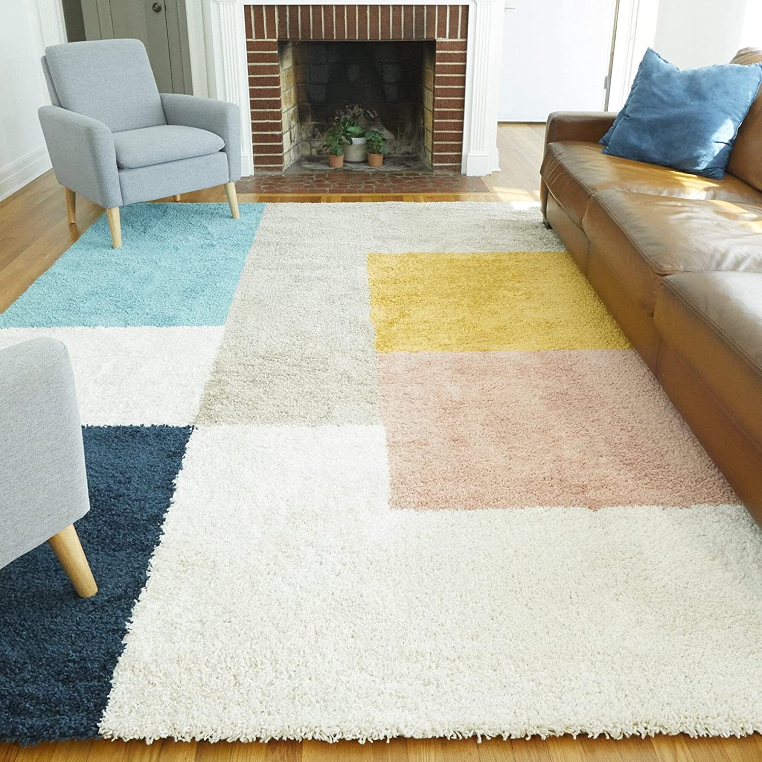 Multi Color Box Shaggy Carpet | Luxurious Handmade Microfiber Area Rug