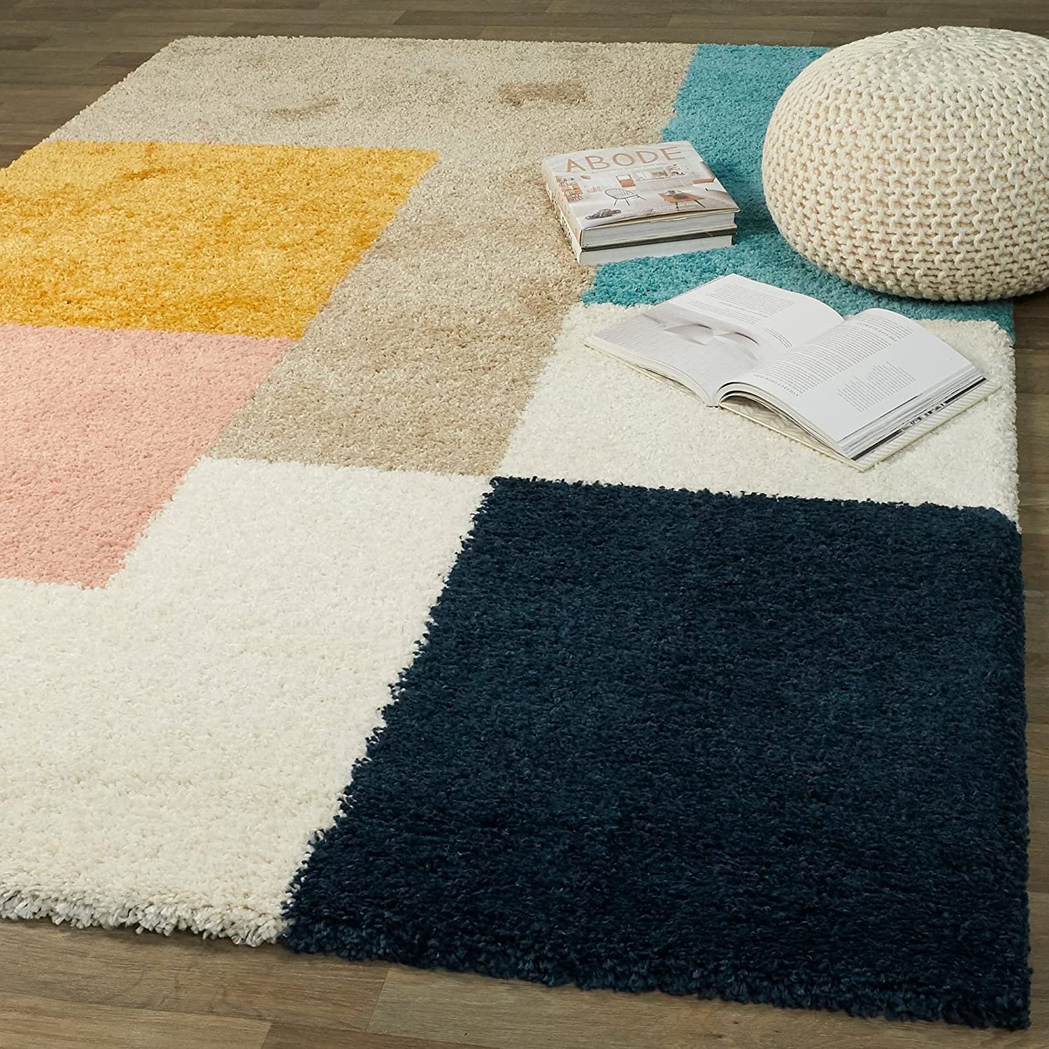 Multi Color Box Shaggy Carpet | Luxurious Handmade Microfiber Area Rug