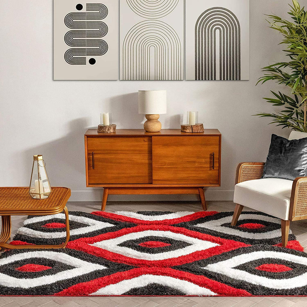 Red & Black Shaggy Carpet | Luxurious Handmade Microfiber Area Rug