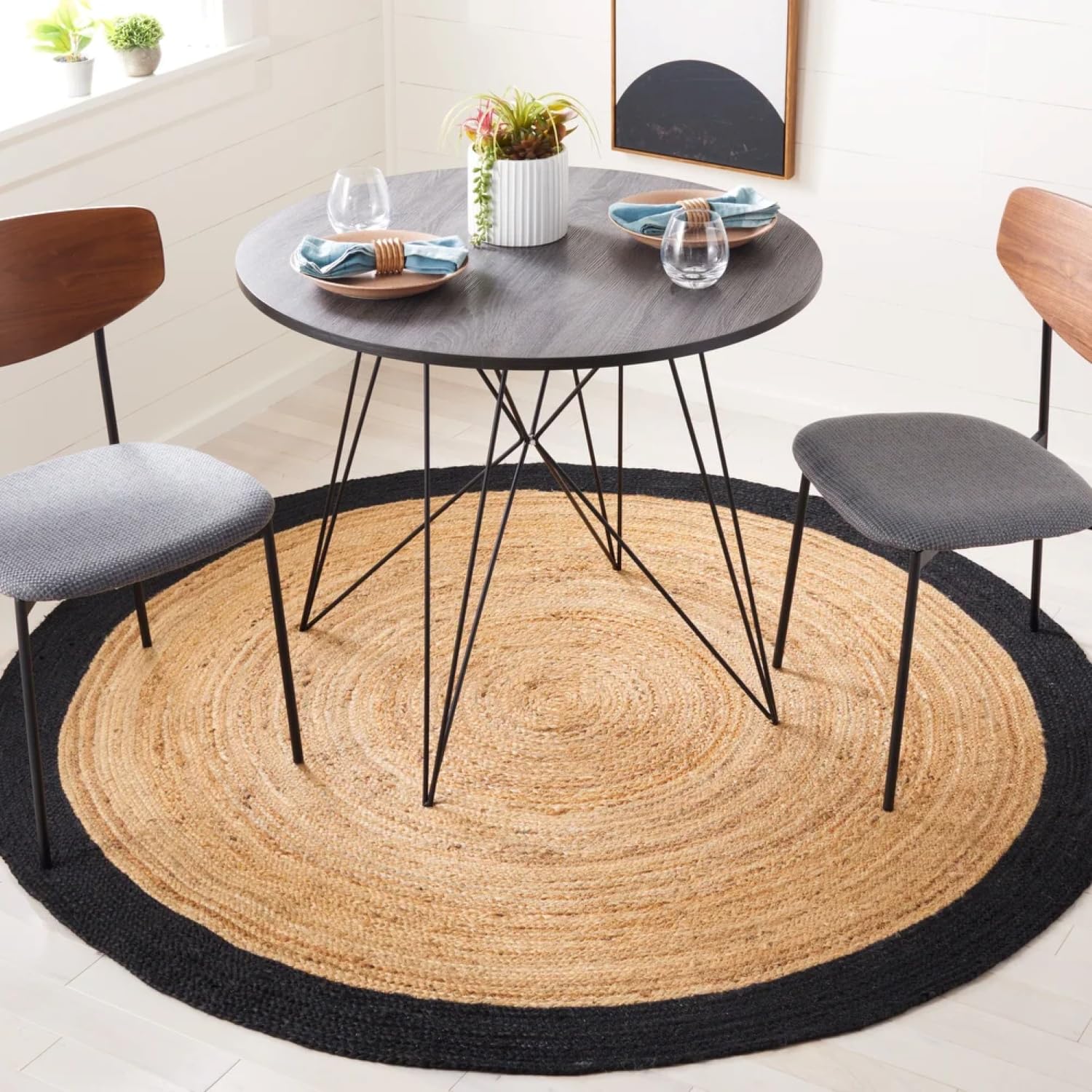 Natural Beige & Black Border Round Handmade Braided Jute Rug