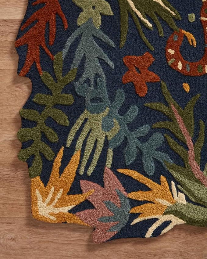 Black Multicolor Foliage Hand-Tufted Irregular Rug
