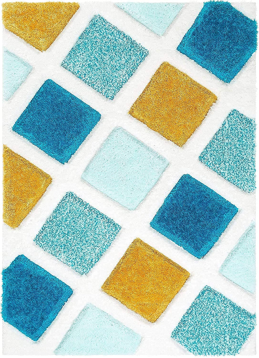 Sky Blue & Mustard Shaggy Carpet | Luxurious Handmade Microfiber Area Rug