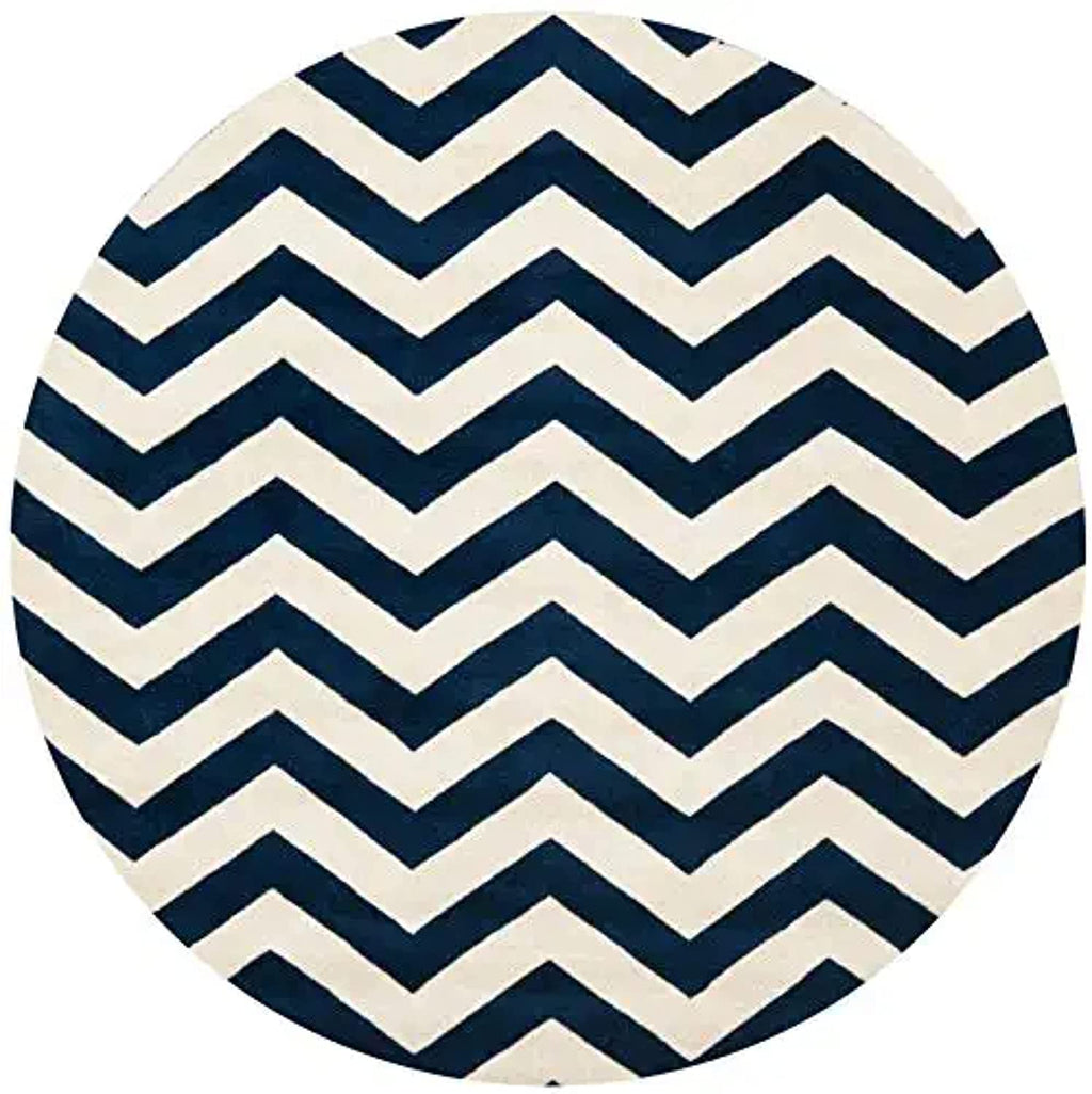 Blue & White Zig-Zag Geometrical Hand Tufted Round Rug