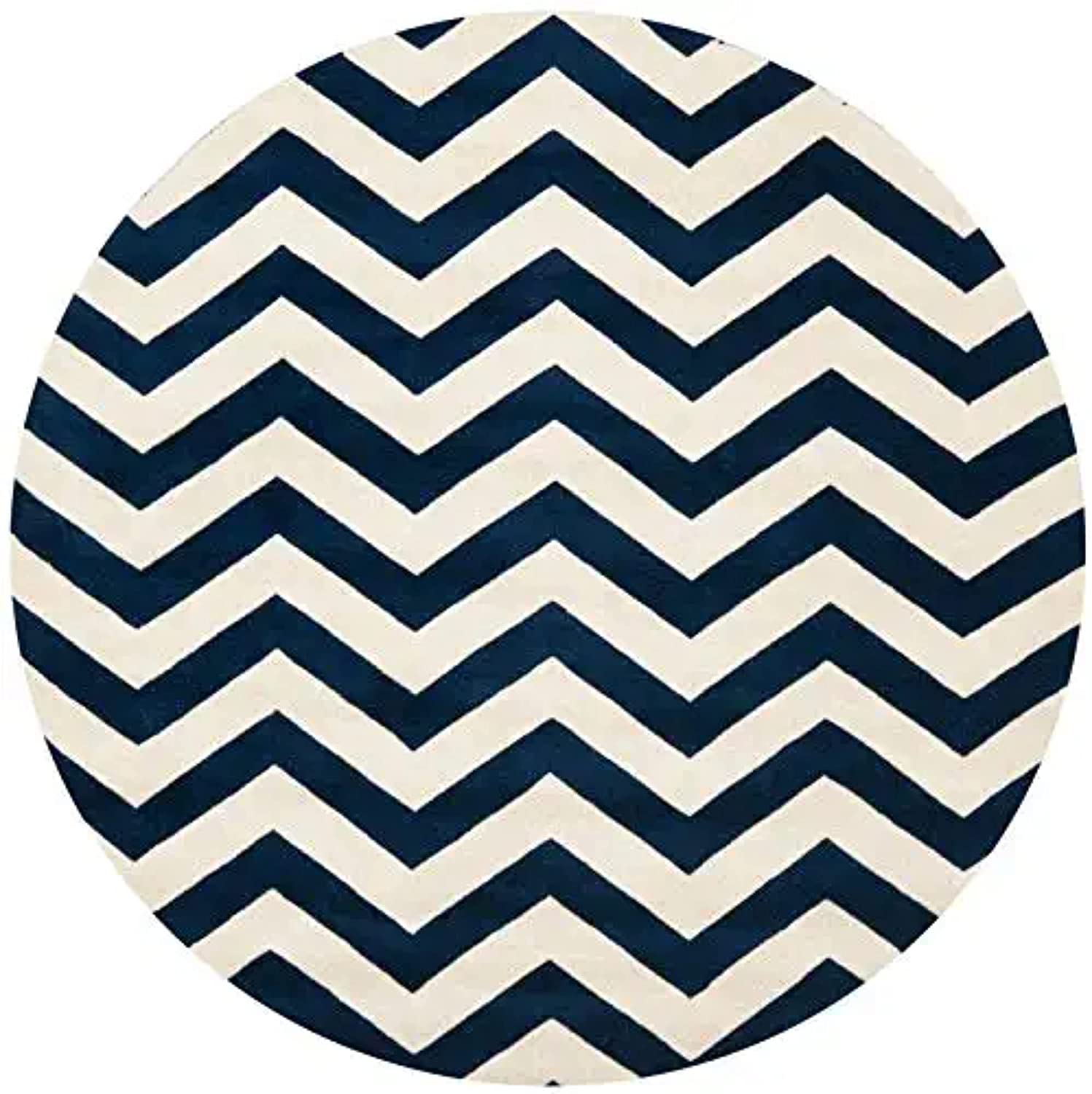 Blue & White Zig-Zag Geometrical Hand Tufted Round Rug