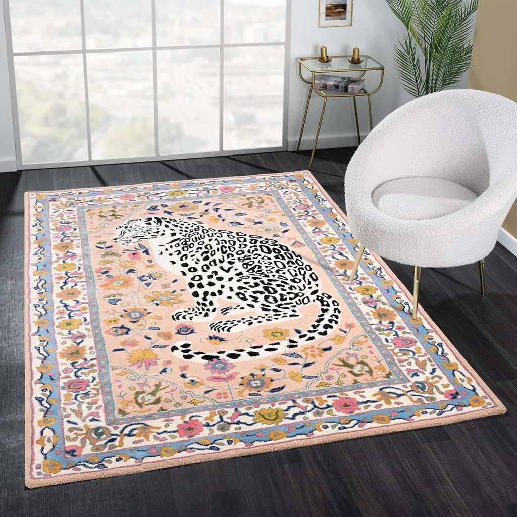 Handmade Wool Leopard Rug – Oriental Floral Border Animal Motif Rug