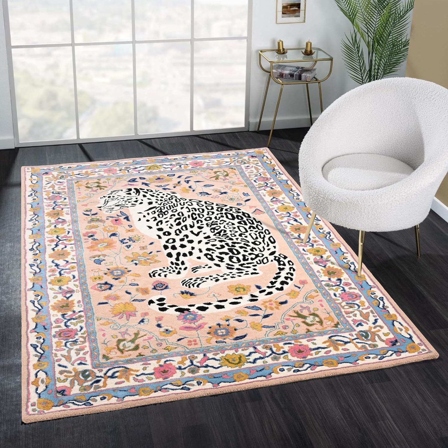 Handmade Wool Leopard Rug – Oriental Floral Border Animal Motif Rug