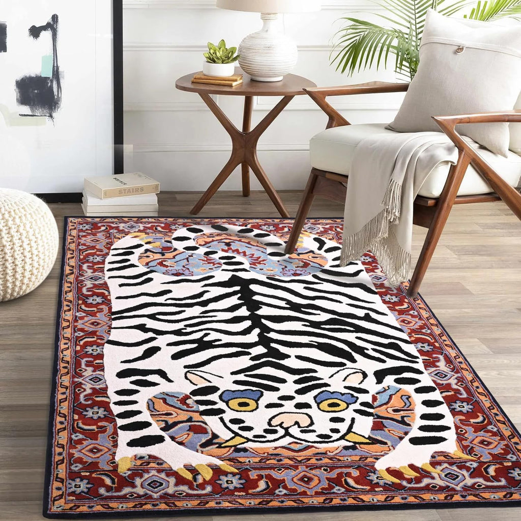 Handmade Hand-Tufted Wool Rug – Tibetan Tiger Design with Oriental Border