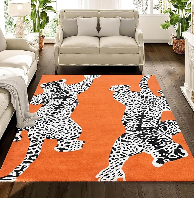 Orange Modern Handmade Climbing Jaguar Wool Area Rug