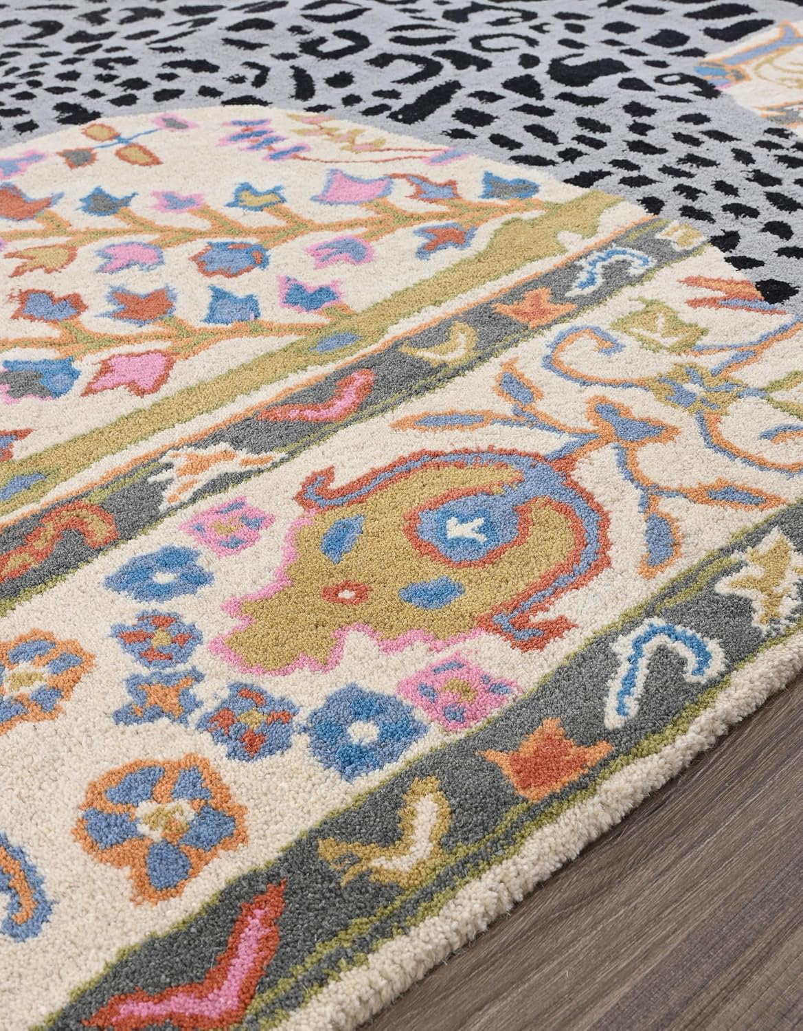 Handmade Leopard Skin Rug – Wool Animal Motif Area Rug with Persian Floral Border
