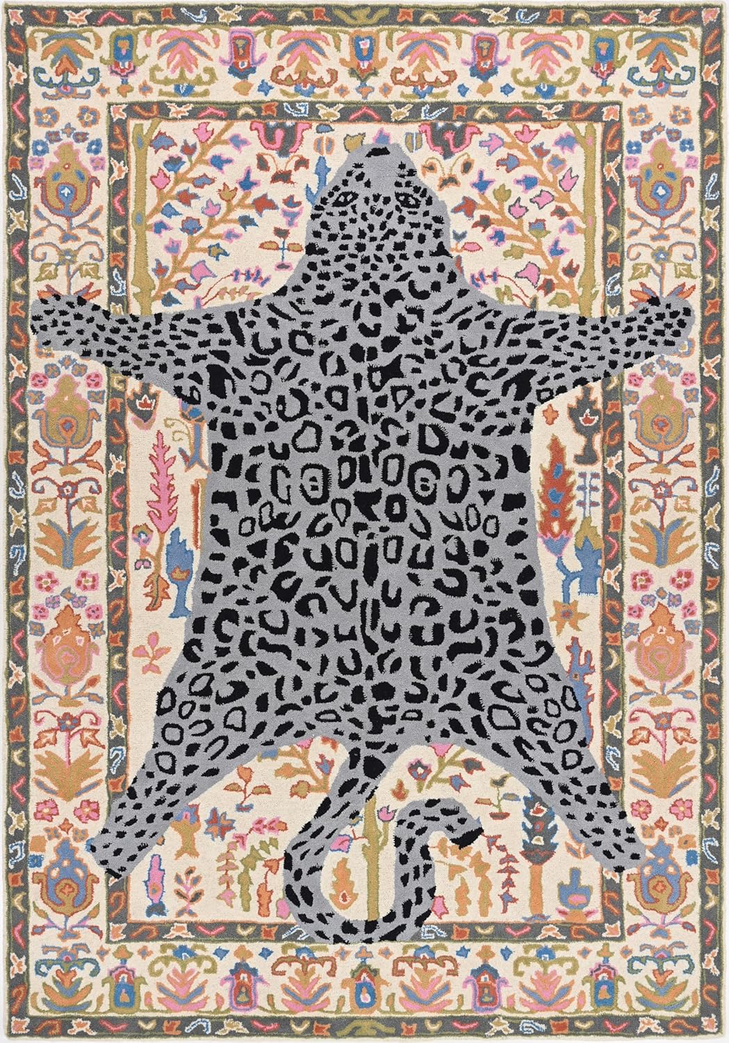 Handmade Leopard Skin Rug – Wool Animal Motif Area Rug with Persian Floral Border