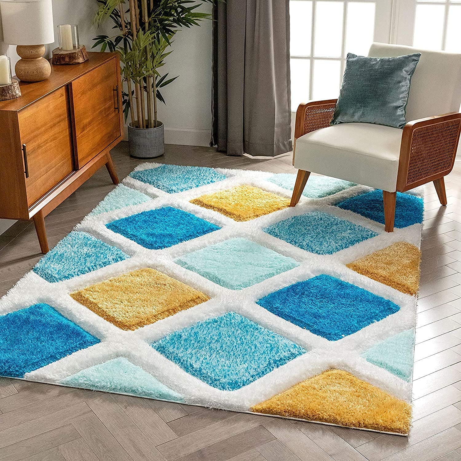 Sky Blue & Mustard Shaggy Carpet | Luxurious Handmade Microfiber Area Rug
