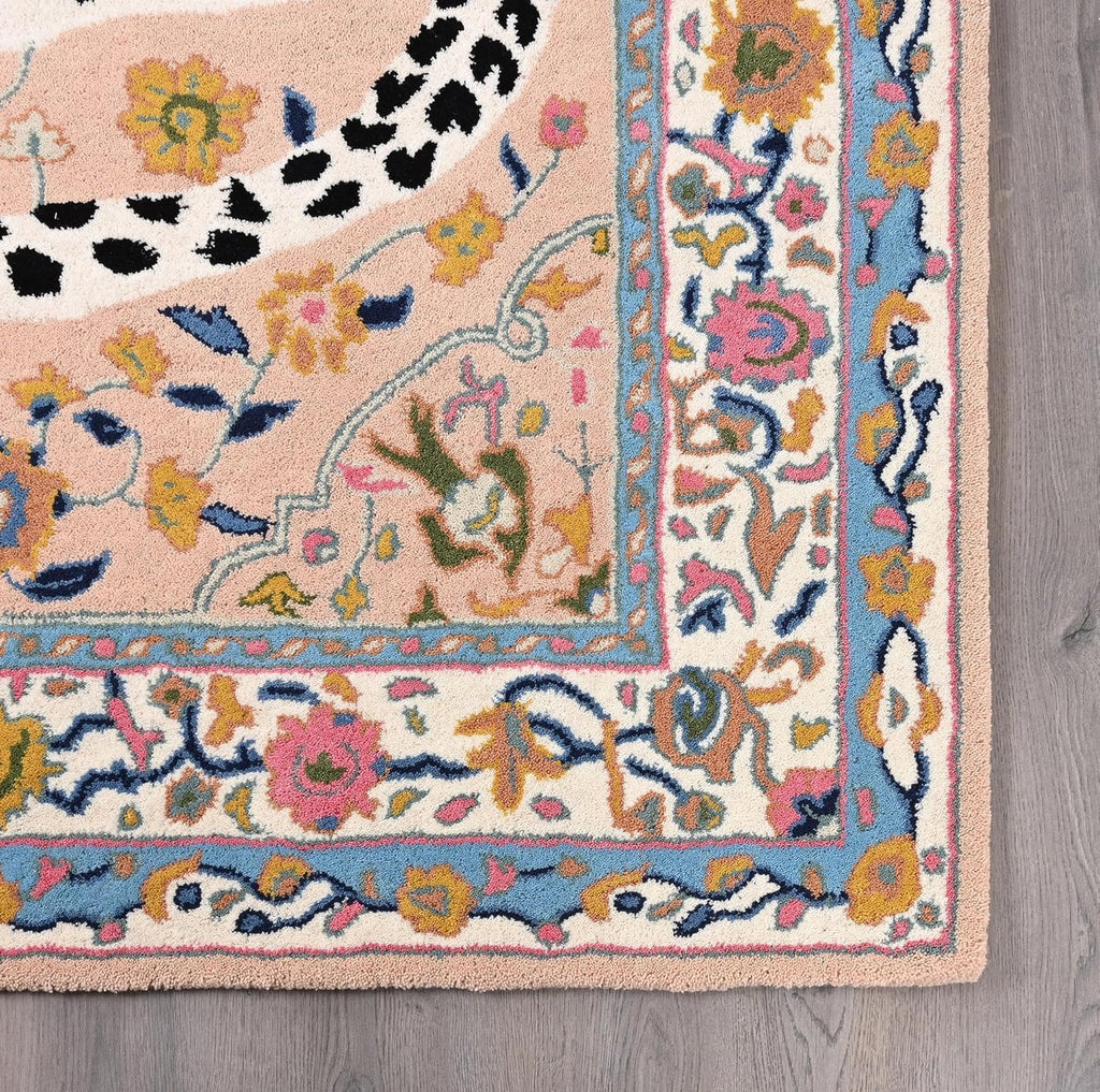 Handmade Wool Leopard Rug – Oriental Floral Border Animal Motif Rug