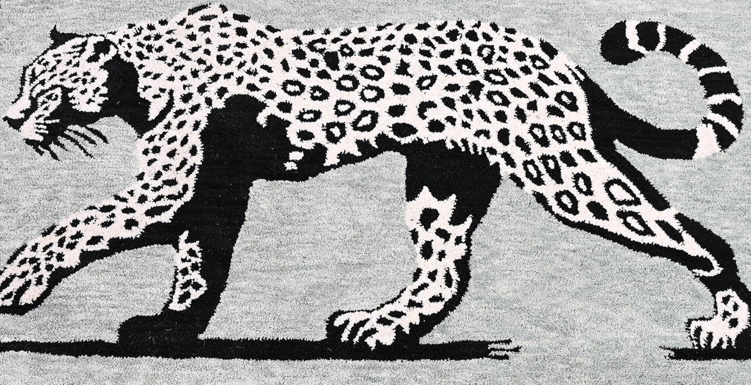 Handmade Wool Leopard Rug – Animal Oriental Area Rug with Floral Border