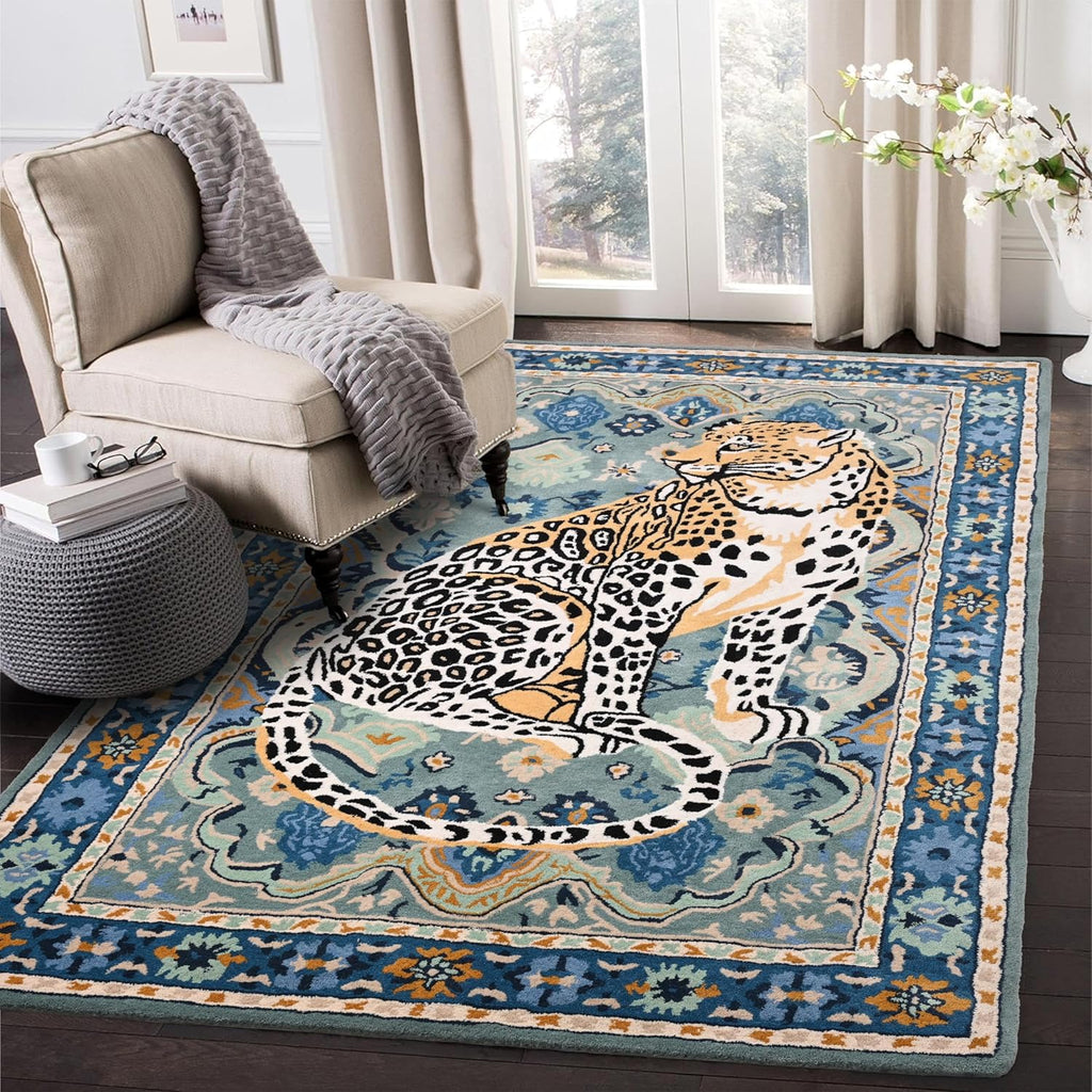 Majestic Leopard Hand-Tufted Wool Rug – Exotic Elegance in Blue & Gold