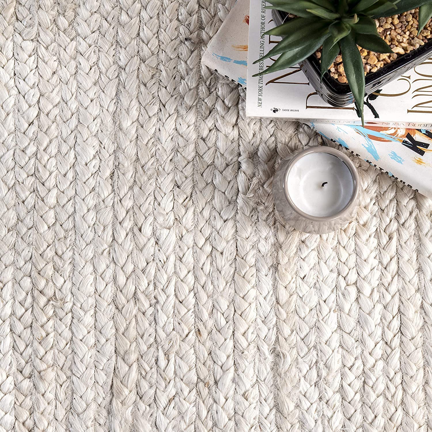 White Color Handmade Braided Jute Carpet