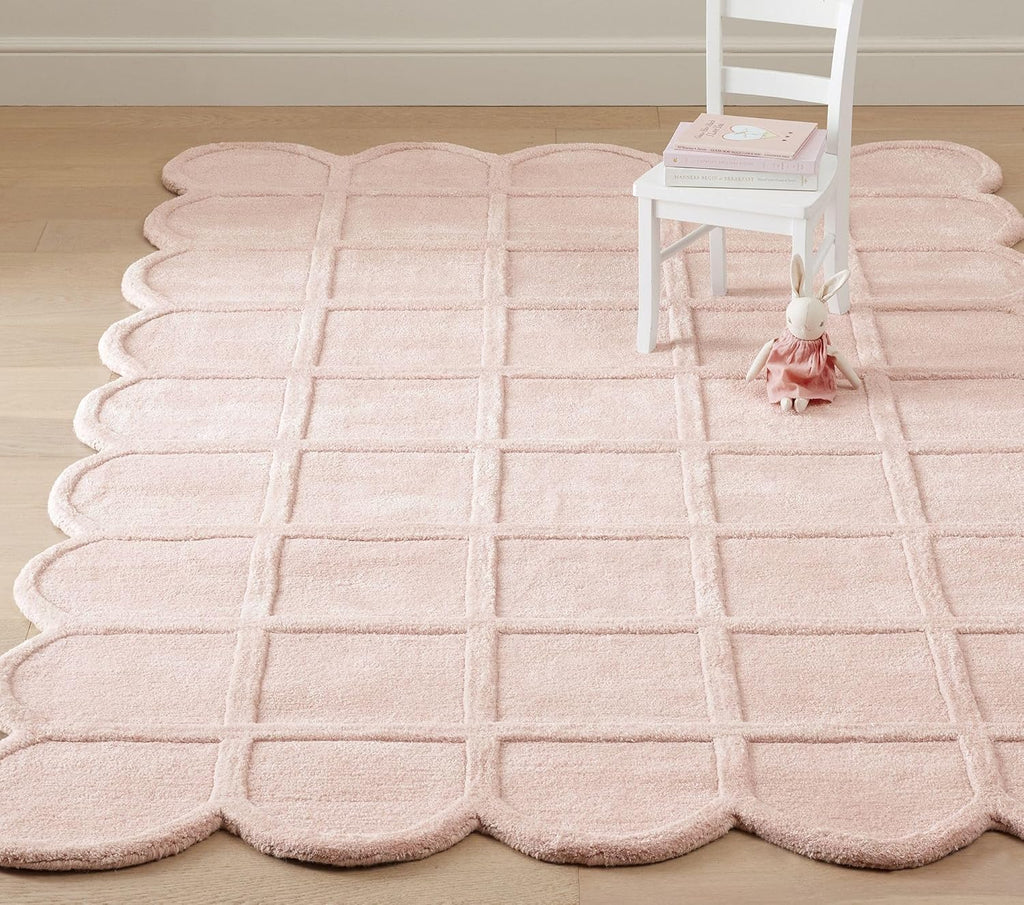 Baby Pink Modern Scalloped Edge Carpet, Hand-Tufted Area Rug for Living Room & Bedroom