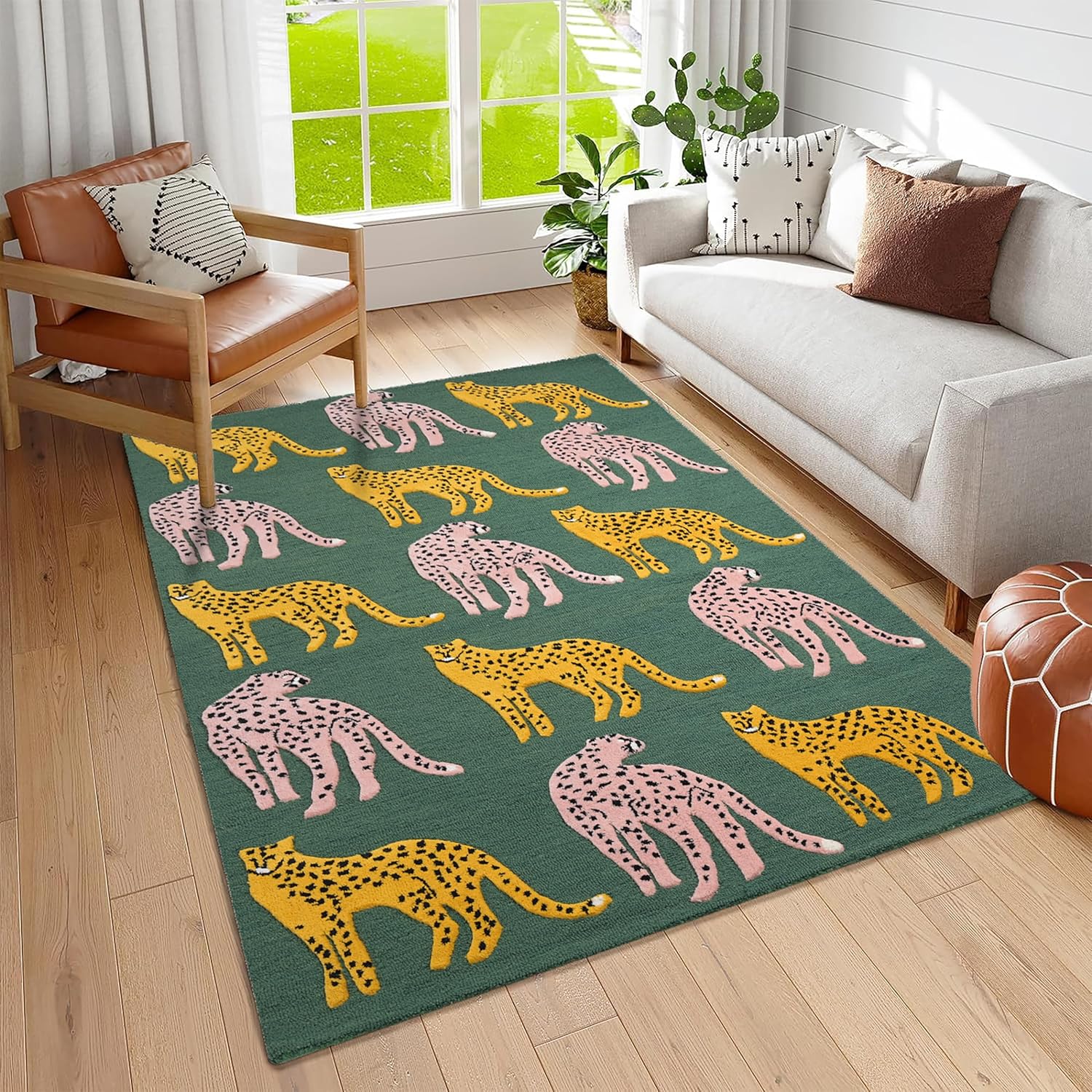 Handmade Wool Leopard Rug – Modern Green Area Rug with Pink & Yellow Cheetah Motifs
