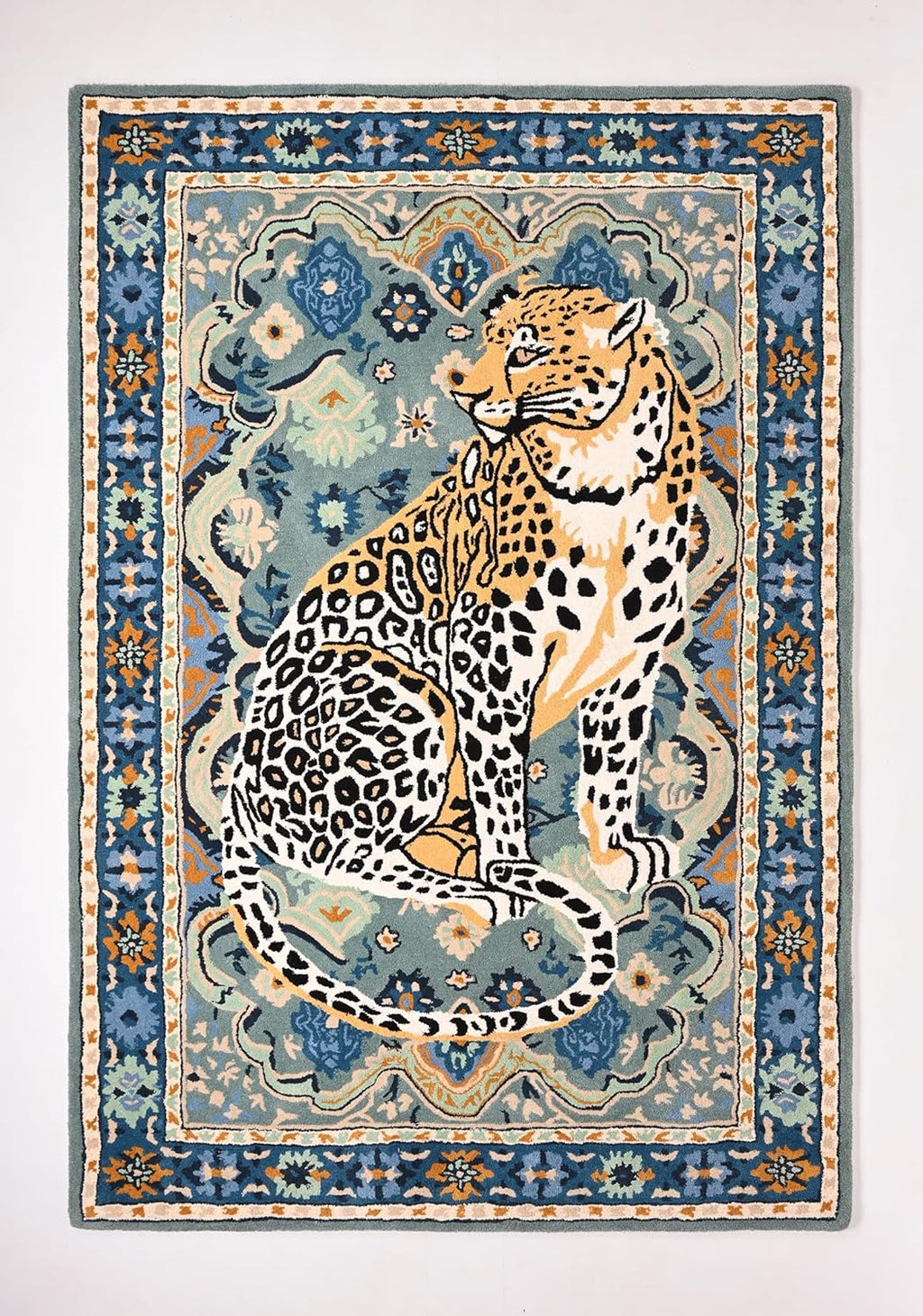 Majestic Leopard Hand-Tufted Wool Rug – Exotic Elegance in Blue & Gold
