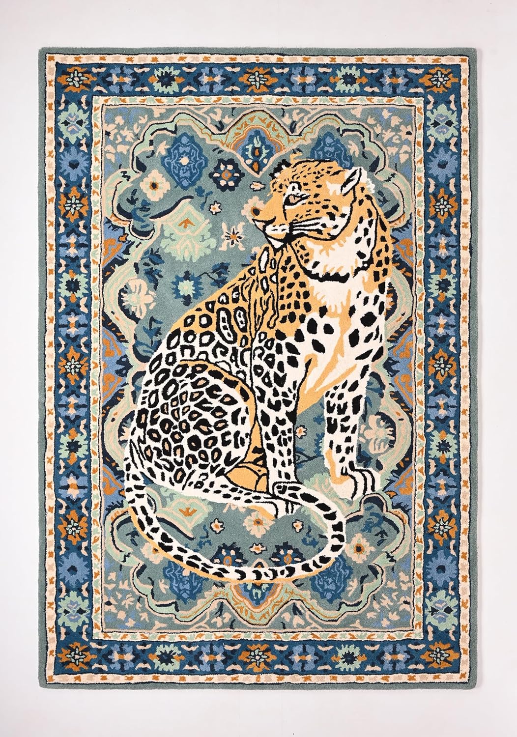 Majestic Leopard Hand-Tufted Wool Rug – Exotic Elegance in Blue & Gold