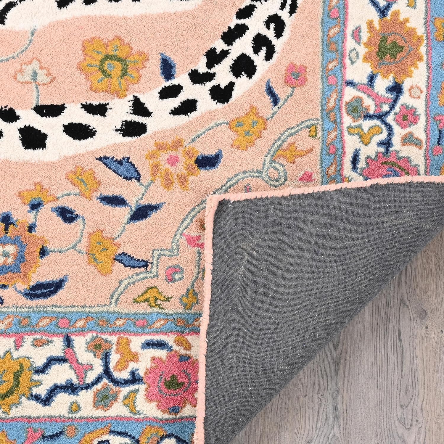 Handmade Wool Leopard Rug – Oriental Floral Border Animal Motif Rug