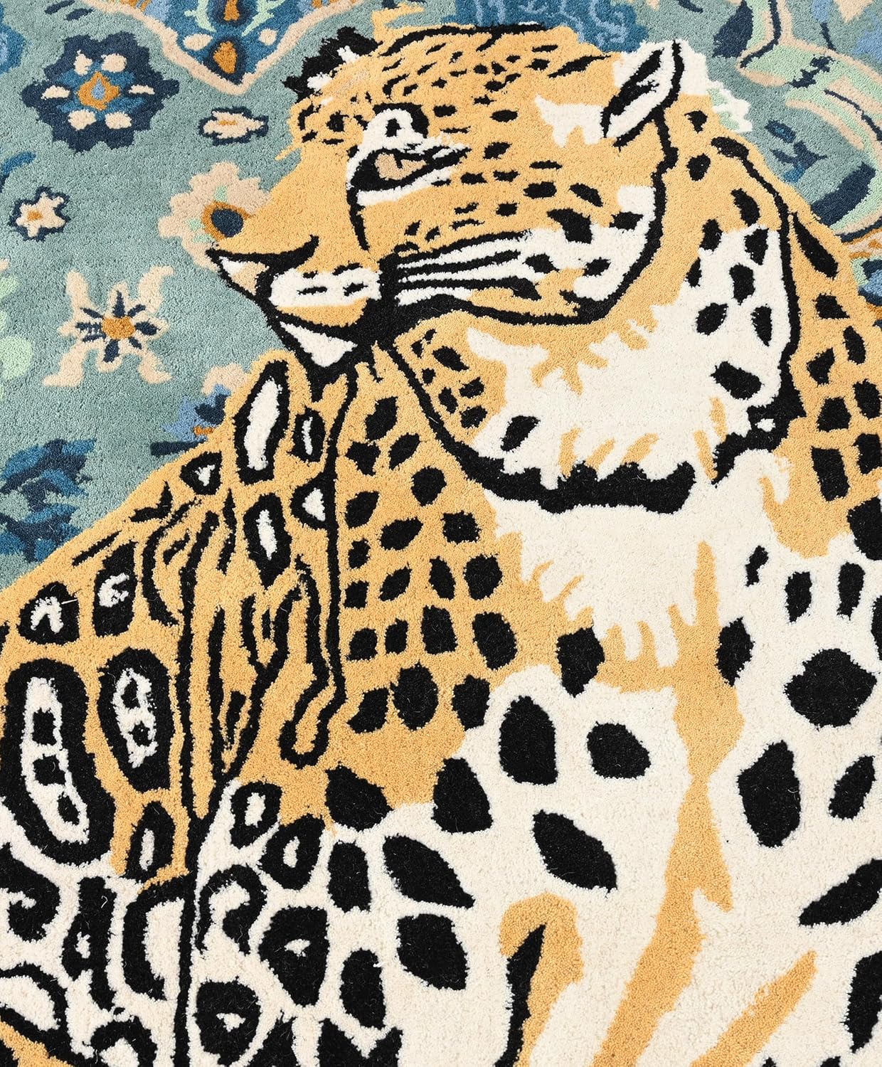 Majestic Leopard Hand-Tufted Wool Rug – Exotic Elegance in Blue & Gold