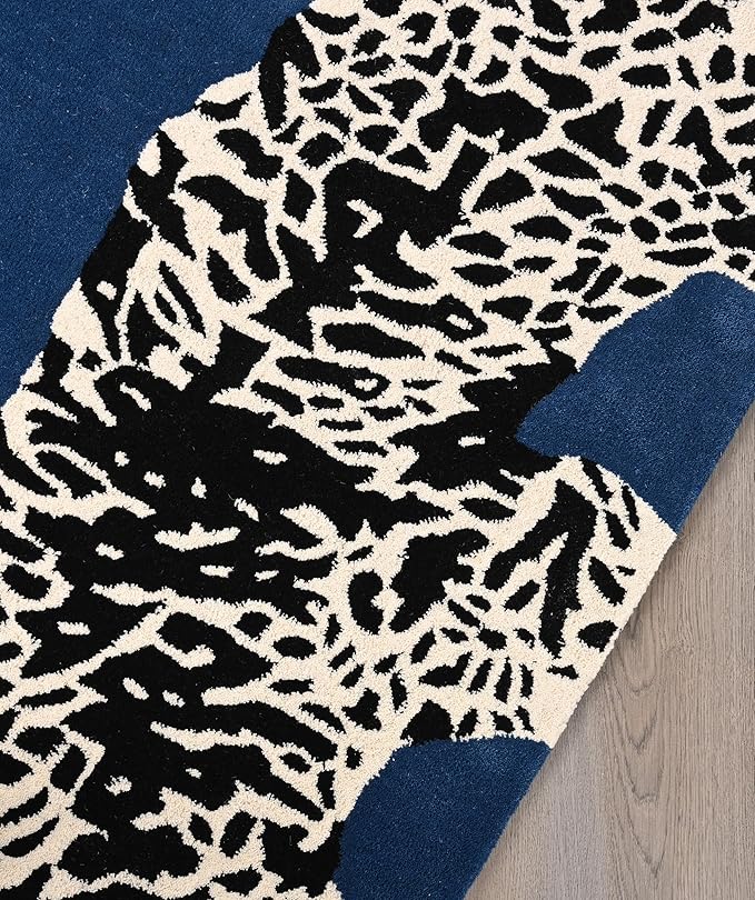 Navy Blue Handmade Climbing Jaguar Wool Area Rug