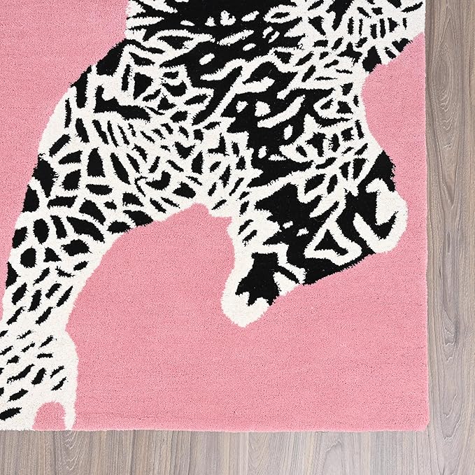 Baby Pink Handmade Climbing Jaguar Wool Area Rug