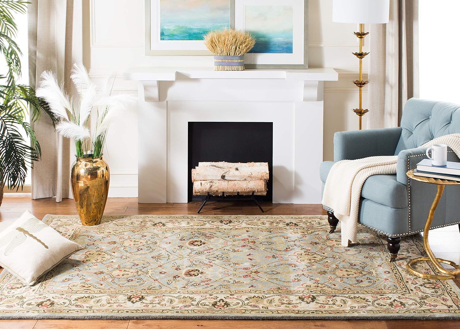 Golden Green Color Handmade Vintage Persian Carpet