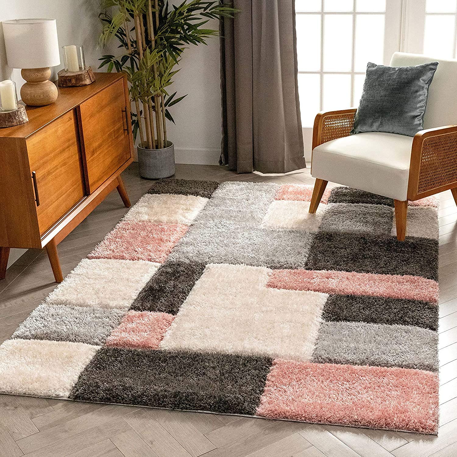 Black & Blush Shaggy Carpet | Luxurious Handmade Microfiber Area Rug