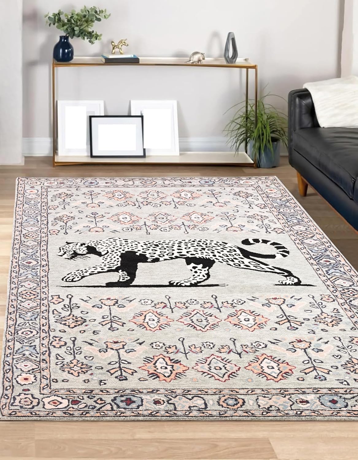 Handmade Wool Leopard Rug – Animal Oriental Area Rug with Floral Border