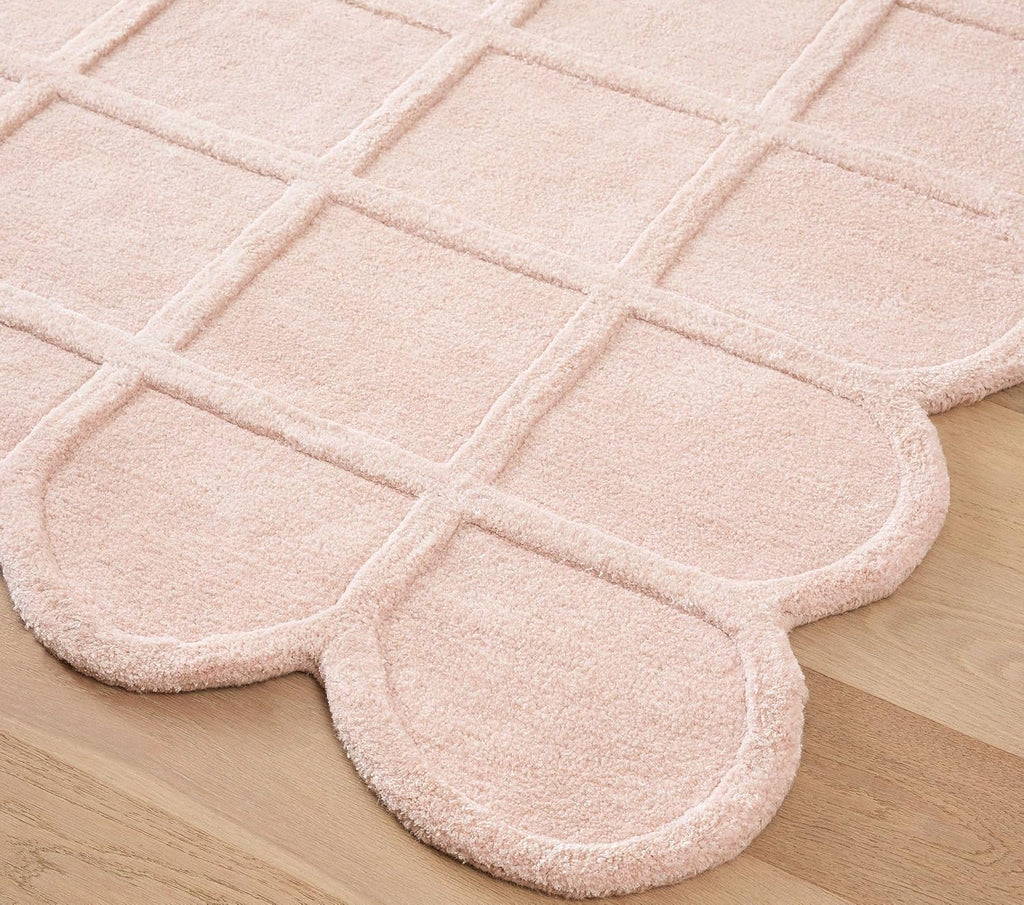 Baby Pink Modern Scalloped Edge Carpet, Hand-Tufted Area Rug for Living Room & Bedroom