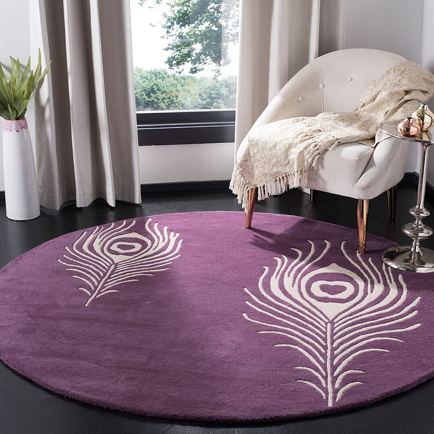 Purple Peacock Feather Hand Tufted Round Rug