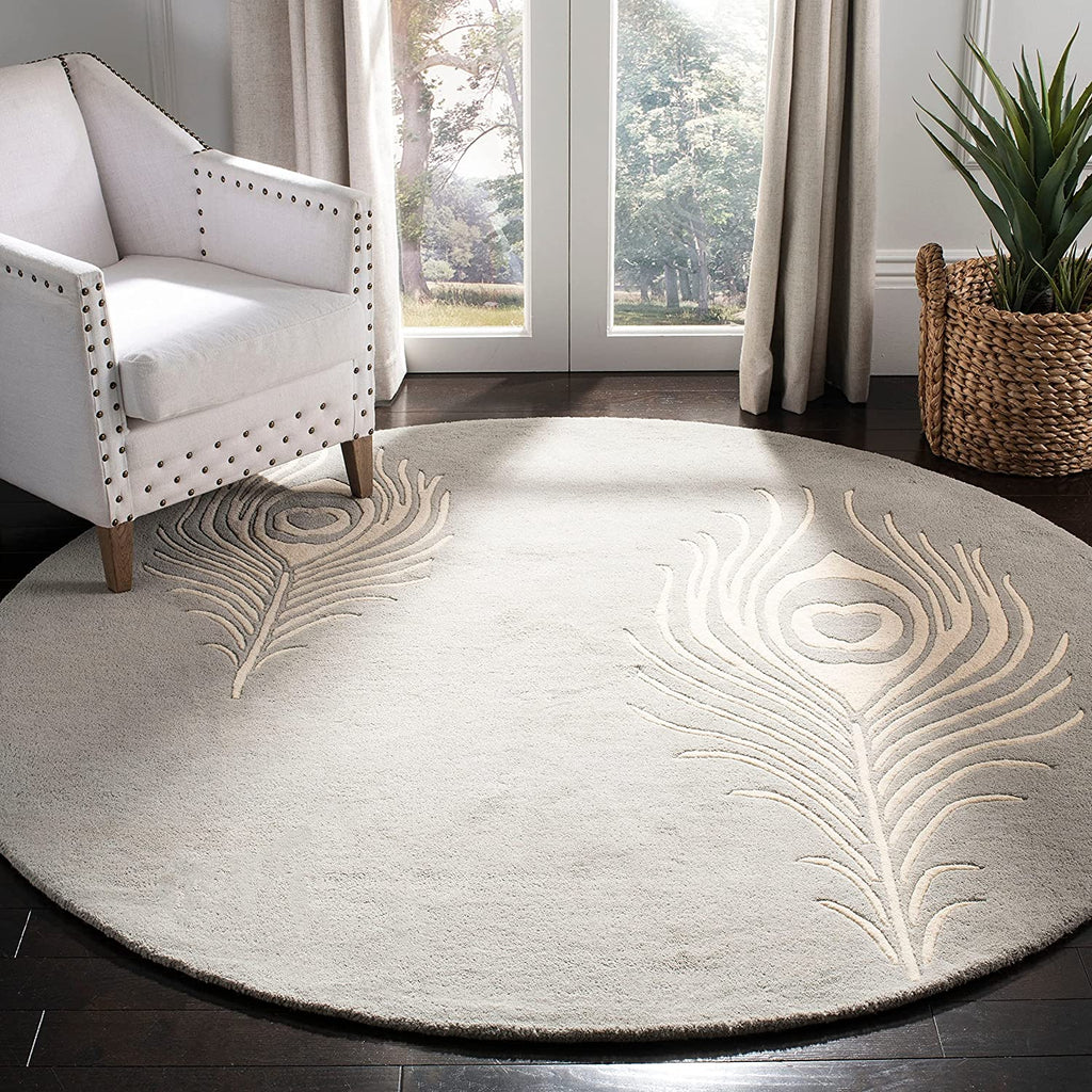 Silver Peacock Feather Hand Tufted Round Rug