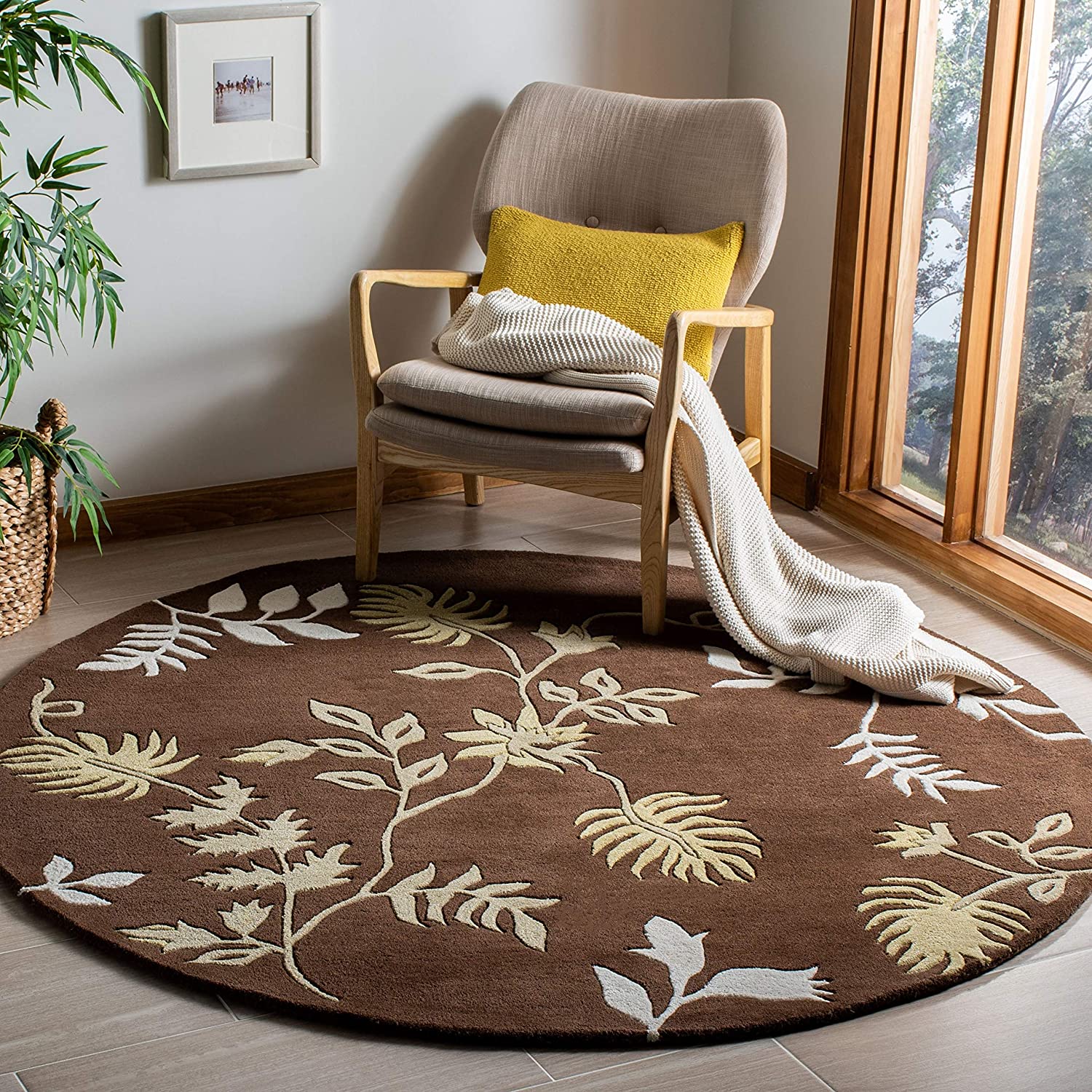 Brown Leaf Hand Tufted Round Rug
