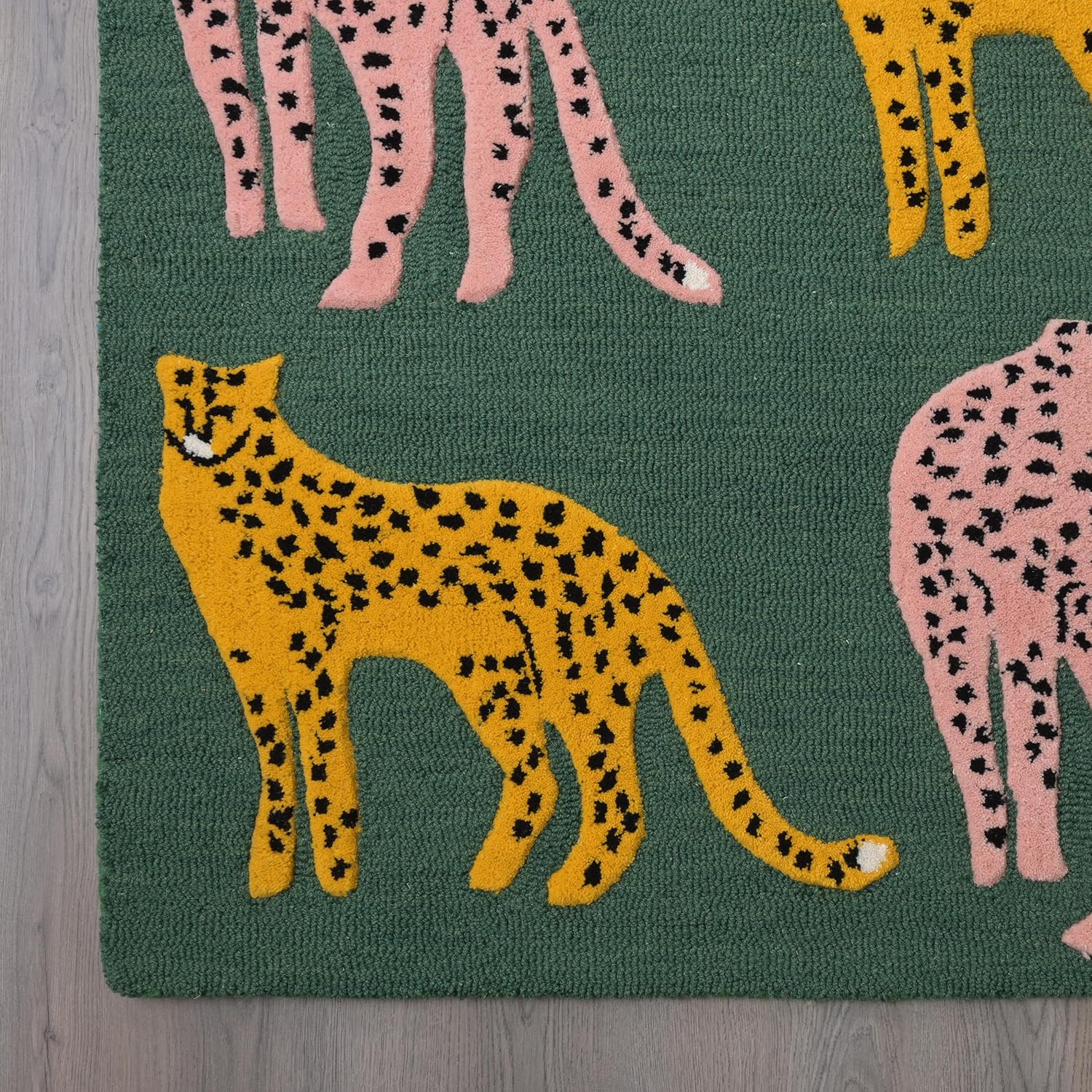 Handmade Wool Leopard Rug – Modern Green Area Rug with Pink & Yellow Cheetah Motifs