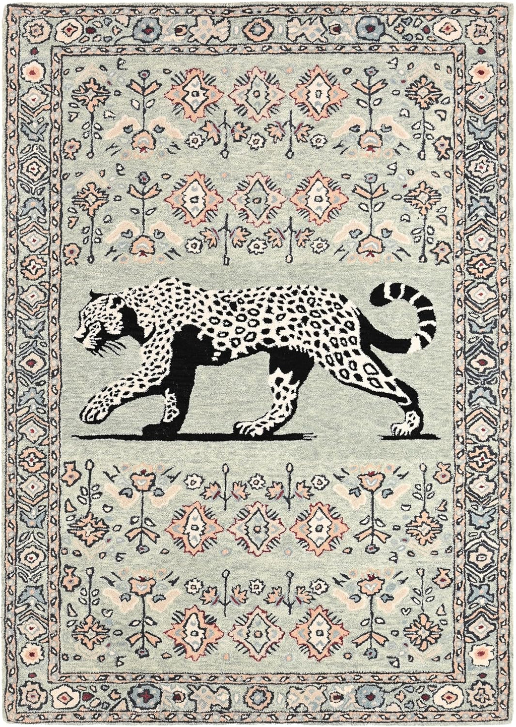 Handmade Wool Leopard Rug – Animal Oriental Area Rug with Floral Border
