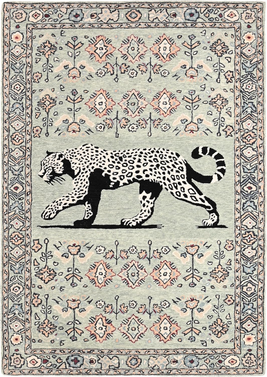 Handmade Wool Leopard Rug – Animal Oriental Area Rug with Floral Border