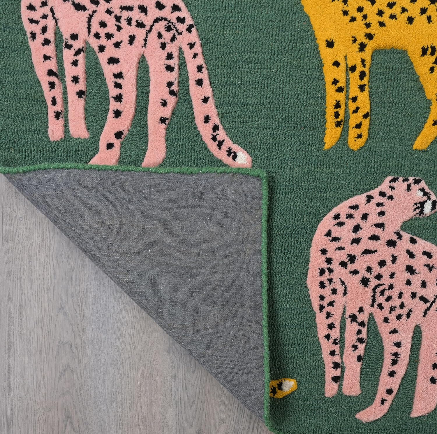 Handmade Wool Leopard Rug – Modern Green Area Rug with Pink & Yellow Cheetah Motifs