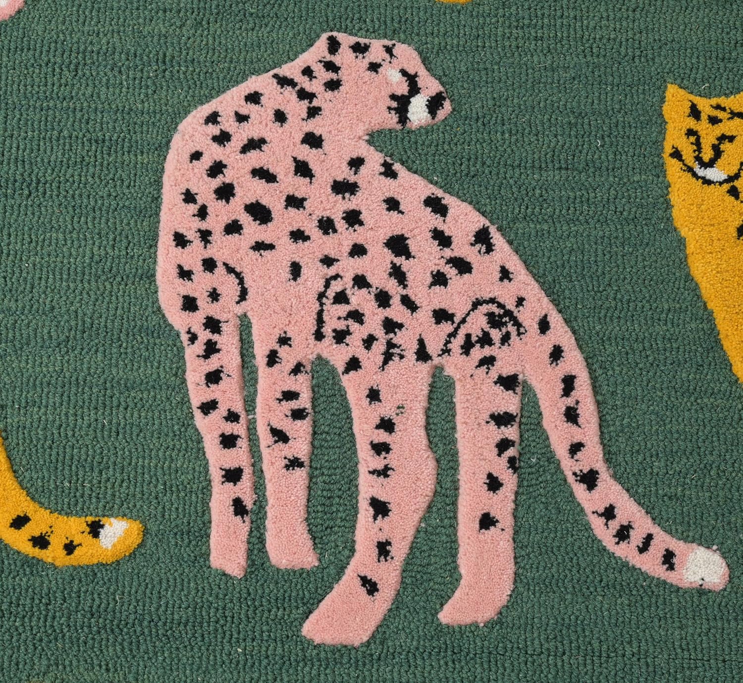 Handmade Wool Leopard Rug – Modern Green Area Rug with Pink & Yellow Cheetah Motifs