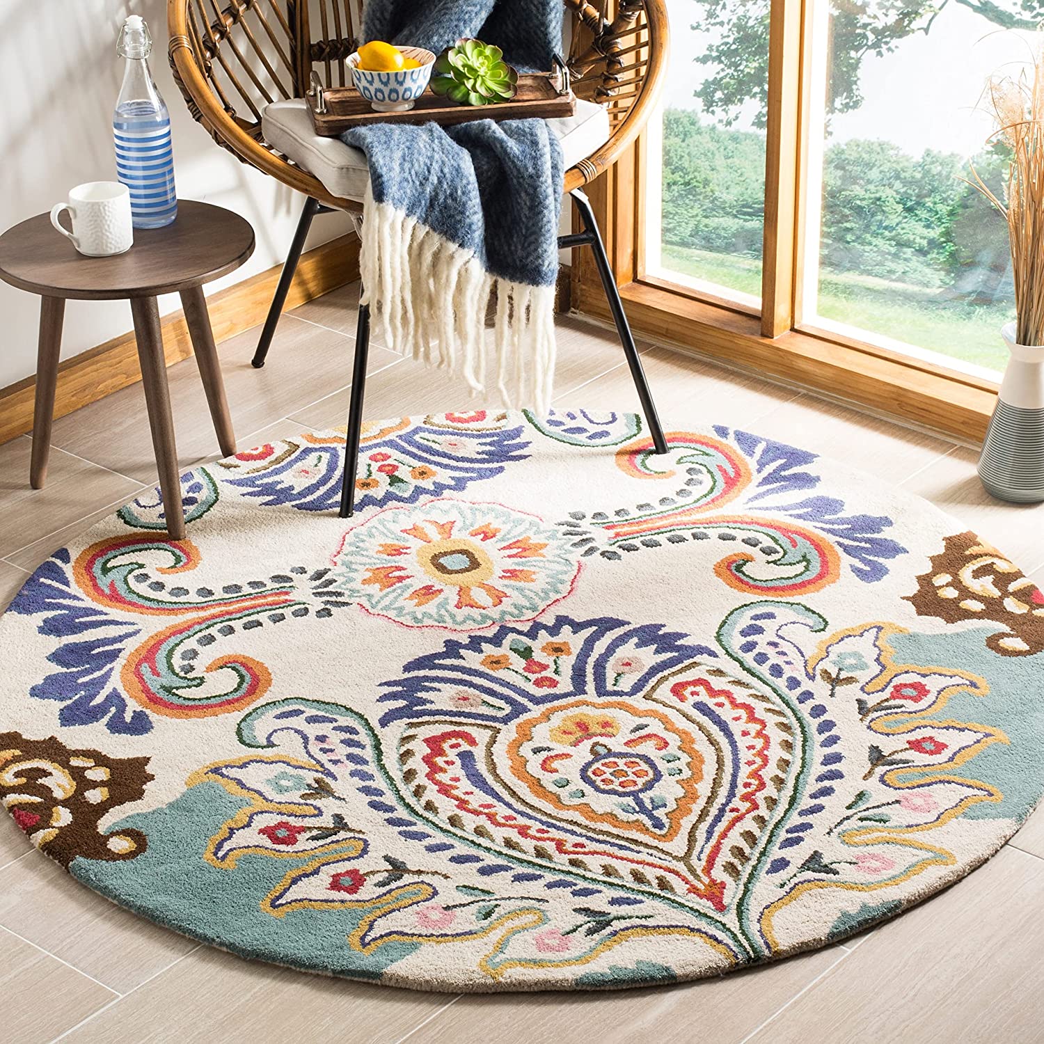 Cream Peacock Feather Hand Tufted Round Rug