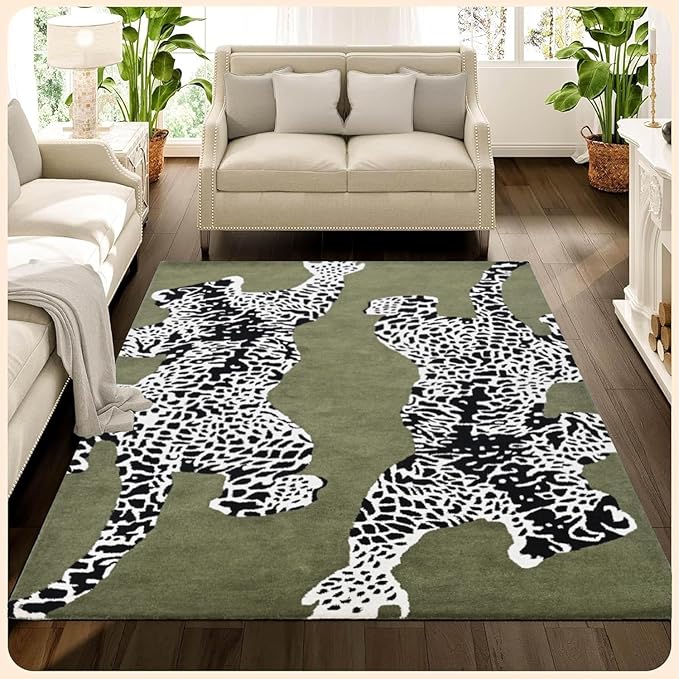 Army Green Handmade Climbing Jaguar Wool Area Rug