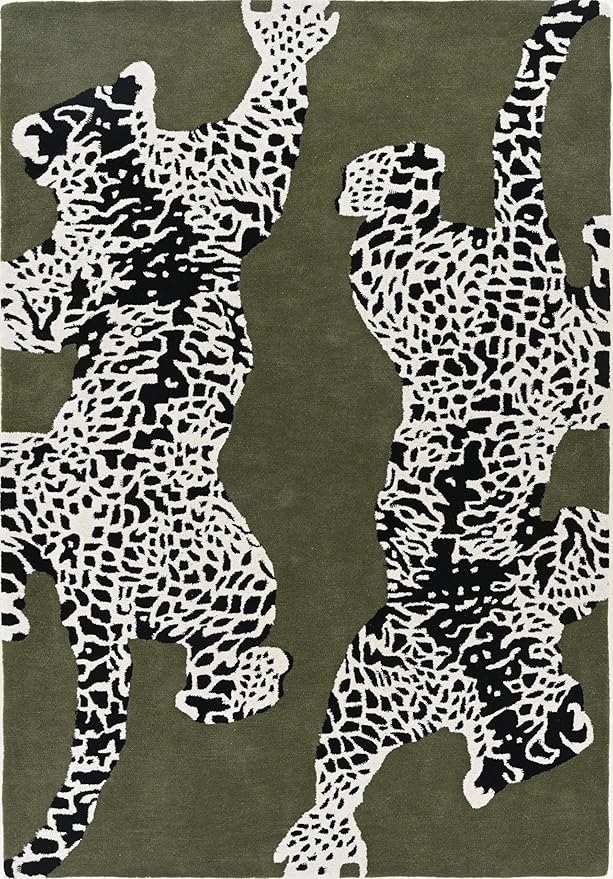 Army Green Handmade Climbing Jaguar Wool Area Rug